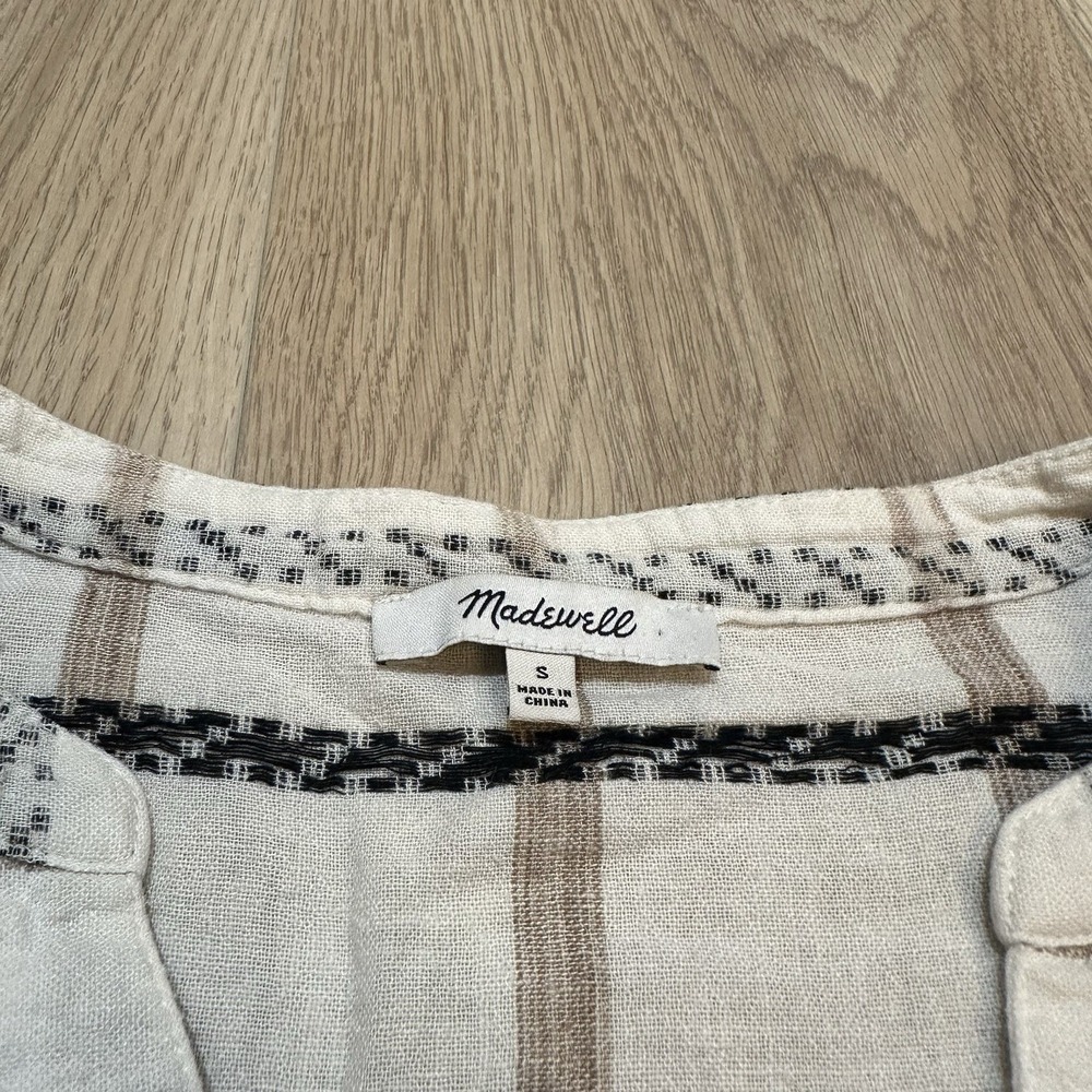 Madewell Lakeline Popover Short Sleeve Shirt Cream Plaid Boxy Linen Blend Size S - Picture 4 of 9